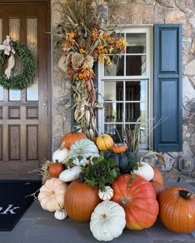 A stone entry with a cornstalk arrangement, a wreath and pumpkins at the door