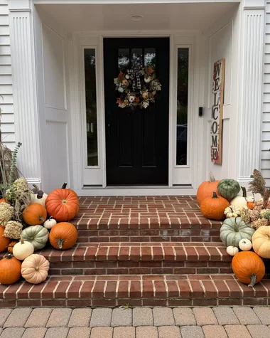 A white colonial entry with pumpkins arranged on both sides of the brick steps