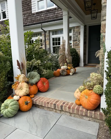 A pumpkin arrangement beside a covered front step